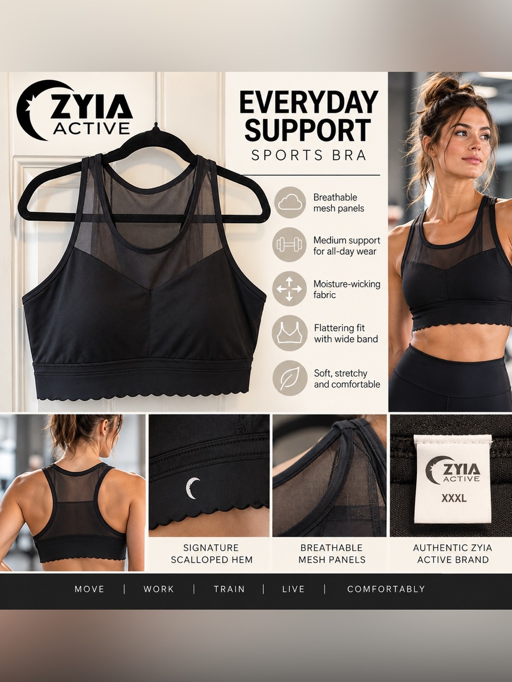 ZYIA Active Black Mesh Racerback Sports Bra XXXL Scalloped Hem